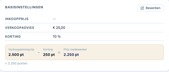 Blok Basisinstellingen: 2.500 punten min 250 punten korting is 2.250 punten