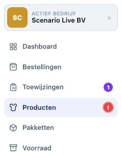 Linkermenu met bovenaan het actieve bedrijf en daaronder het menu-item Producten