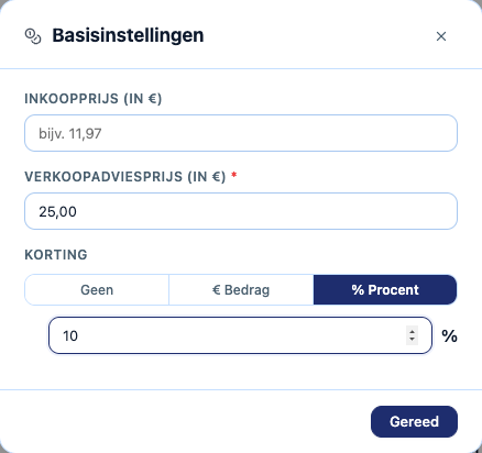 Pop-up Basisinstellingen met verkoopadviesprijs 25,00 en 10 procent korting