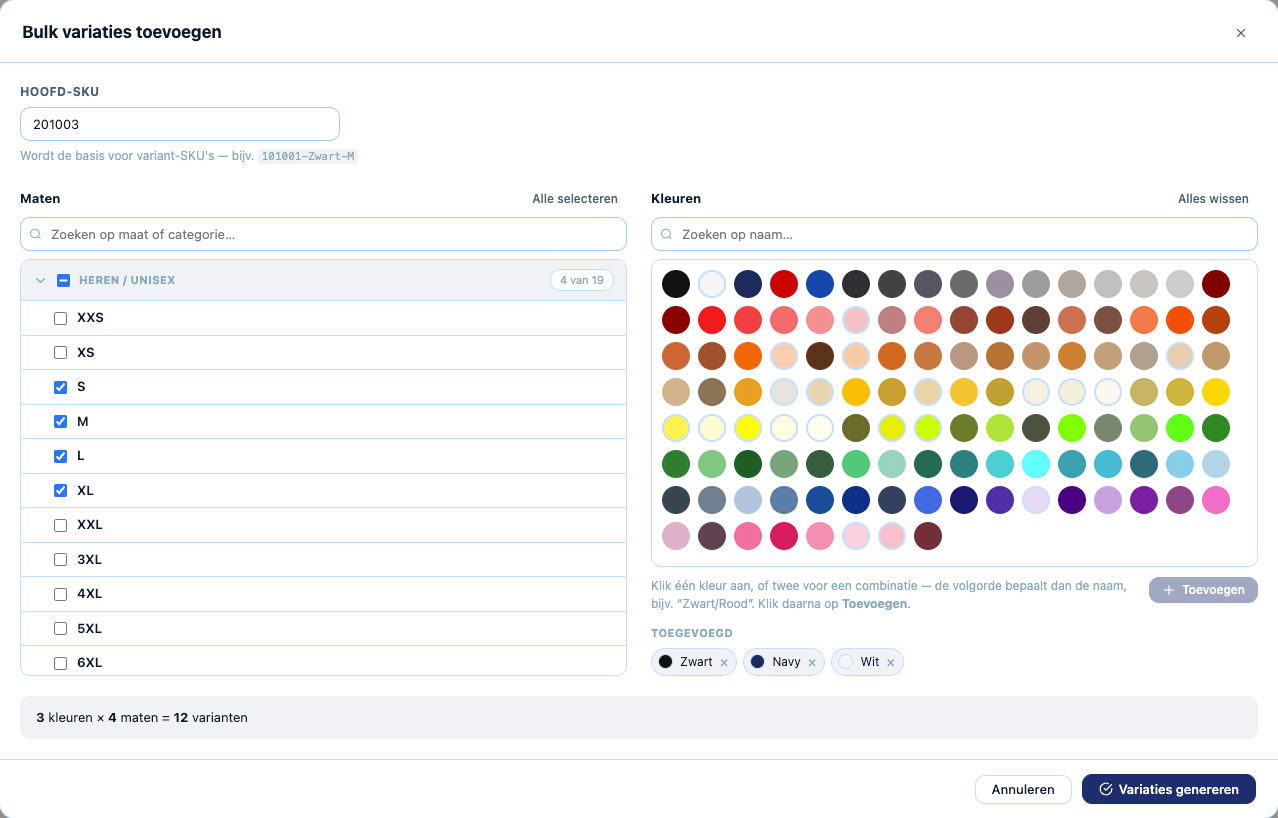 Pop-up Bulk variaties toevoegen met maten S tot en met XL en de kleuren Zwart, Navy en Wit